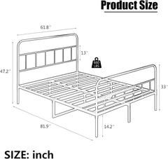 Classic Metal Queen Bed Frame with Wrought Iron Headboard, Sturdy Metal Slatted Bed Frame, Under Bed Storage, No Box Spring Required, No Noise, Easy to Assemble (Black)