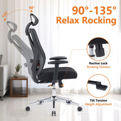 Ergonomic Office Chair with Seat Back & headrest Adjustable, Mesh Office Chair with Height Adjustable & Flip-up Arms, High Back Desk Chair with Wheels and KD Chrome Metal Legs