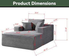 66" Oversized Chaise Lounge Chair Indoor, Corduroy Upholstered Sofa Bed with Pocket Springs&High-Density Foam, Deep Seat Sleeper Couch with 3 Pillows, No Assembly for Living Room (Dark Grey)