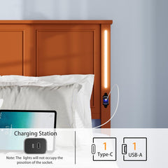 Queen Size Bed Frame with Wood Headboard & Footboard, Solid Wooden Platform Bed with Charging Station and LED Lights, No Box Spring Needed (Antique Brown, Queen)
