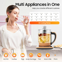 Electric Tea Kettle with Base 1.8L Multifunctional Water Kettle with Steamed Eggs Holder, Keep Warm & Timing Function for Tea, Coffee, Soup