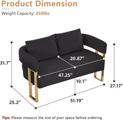 51" Comfy Loveset Sofa, Black Small Teddy Love Seat Sofa, Bedroom Mini Couch, Living Room Side Chair with Gold Metal Legs for Dressing Area, Reception Room, Office (Black)