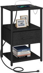 TUTOTAK Nightstand, Night Stand with Charging Station, End Table, Bedside Table with Fabric Drawer, for Livingroom and Bedroom, Black TB01BK069