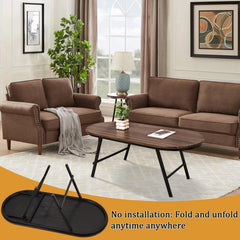 Folding Coffee Table for Small Spaces Wood and Metal Oval Coffee Table Portable Low Coffee Tables for Living Room, Home, Office, Light Brown