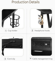 Hysache Gaming Computer Desk w/Cup Holder, Headphone Hook & Built-in Power Strip, Ergonomic Game Table, Home Office Desk Table Gamer Workstation, Black