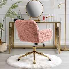 Faux Fur Vanity Makeup Desk Chair,Comfy Fluffy Office Desk Chair with Wheels, Upholstered Fuzzy Leisure Armchair Height Adjustable Rolling wivel Chair for Women, Girls,Bedroom,Home Office,Pink