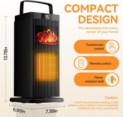 Space Heater for Indoor Use, 1500W Portable 13.78" Electric Heater with Thermostat, Fast Heating, 45° Oscillation, 12H Timer, Quiet & Safe 3D Flame Fireplace Ceramic Heater for Bedroom Office Home