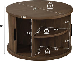 Round Coffee Table with Storage,31.5" Fluted Coffee Table with 360° Curved Sliding Door,Farmhouse Fluted Wood Accent Coffee Table for Living Room, Walnut