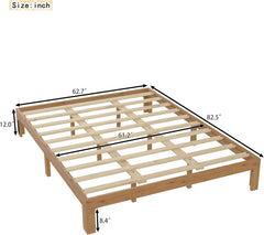 12" Low Bed Frame, Wooden Bed Frame Queen Size with LED Lights and Power Outlet, Heavy Duty Low Profile BedFrame with Wood Slats, No Box Spring Needed, Noise-Free, Easy Assembly (Natural Wood+Brown)