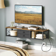 Floating TV Stand with Power Outlet, Wall Mounted Media Console for TVs up to 50 Inch, Entertainment Center with Storage, for Living Room, Bedroom, Rustic Brown and Black DS04UBR