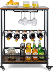 GORELAX Industrial Bar Cart with Wine Rack and Glass Holder, 3 Tier Rolling Beverage Cart, Vintage Serving Trolley Cart with Wheels, Kitchen Utility Home Coffee Cart for Living Dining Room, Outdoor