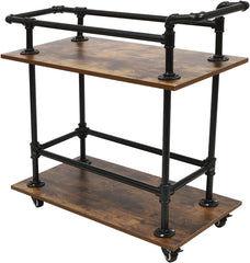 Industrial Bar Cart, Double Deck Food Cart, Floor Standing Bar Cart, Removable Industrial Rolling Cart, Bar Cart for Garden, Patio, Balcony, 33.07" X 33.66" X 15.75", Brown, Black