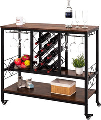 SUN & SUMMER Wine Bar Cabinets Cart, Mobile Bar Carts with Wine Rack for The Home, 3 Tier Home Bar Serving Cart w/Large Storage Space, Glass Holder, Lockable Wheel, Heavy Duty - Retro