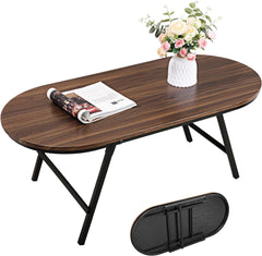 Folding Coffee Table for Small Spaces Wood and Metal Oval Coffee Table Portable Low Coffee Tables for Living Room, Home, Office, Light Brown