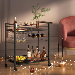 Bar Cart,Home Bar Serving Cart with Storage Shelves, 2 Tier Rolling Beverage Cart with Wheels, Modern Flowing Gold Wine Cart with Wine Rack and Glass Holder for Kitchen, Dinning Room,Living Room