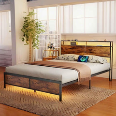 Queen Bed Frame with LED Lights Storage Headboard/Charging Station, Industrial Platform Camas Frame, Heavy Duty Mattress Foundation, Noise Free,No Box Spring Needed,Easy Assembly,Brown