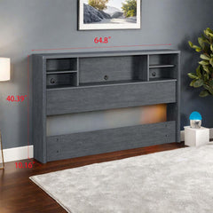 Gray Queen/Full Headboard Only, Free Standing Wood Bookcase Headboard with Storage Shelf for Bedroom, 64.8" Lx10.16 Dx40.39 H (Gray, Full/Queen)