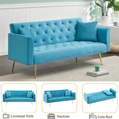 Convertible Loveseat Sofa Bed:Adjustable Tufted Backrests,Golden Metal Legs,Velvet Upholstered Folding Sleeper Futon Couch for Small Space Living Room Office (Green)