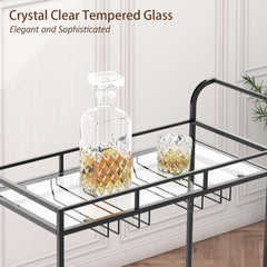 Black Bar Cart, Serving Cart with Wheels and Handle, Small Bar Cart with Wine Rack and Glass Holder, Modern Glass Beverage Cart, Mini Bar Carts for Small Spaces