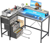 IDEALHOUSE L Shaped Home Office Desk,Computer Desk with Power Outlets & LED Lights,Gaming Computer Desk with Drawers & Shelves,Monitor Stand,Storage Shelves,for Living Room, Study, Bedroom(Pink)