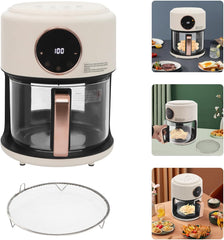 3.81Qt Mini Air Fryer, 360° Viewable Glass Air Fryer with Touch Screen Digital Display, 1200W Adjustable Temp 176℉-392℉, 60 Min Timer for Chicken Wings, French Fries, Shrimp, Onion Rings (White)