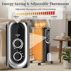 Oil Filled Radiator Heater for Indoor Use, Portable Large Room Radiant Space Heater 1500W with 3 Heat Settings Overheat & Tip-Over Protection, 11.8"D x 4.9"W x 22.8"H, White