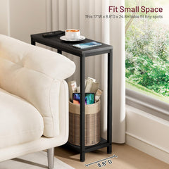 SLEEPING LAMB Narrow Small Side Table for Small Space, 2 Tier Sofa Skinny End Table for Living Room, Bedroom Beside Slim Nightstand, Rustic Brown and Classic Black