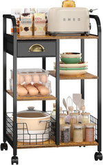 keomaisyto Microwave Cart with Storage, Kitchen Island Cart with Table Top & Drawer, 3 Tier Rolling Utility Cart with Adjustable 2 Storage Shelves, Coffee Bar Shelf for Kitchen/Dining/Living Room