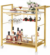 Bar Cart,Home Bar Serving Cart with Storage Shelves, 2 Tier Rolling Beverage Cart with Wheels, Modern Wine Cart with Wine Rack and Glass Holder for Kitchen, Living Room,Dinning Room,Black