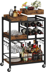 TUTOTAK Bar Cart, Home Bar Serving Cart, 3-Tier Kitchen Cart on Wheels, Rolling Beverage Cart with Wine Rack and Glass Holder, Black BC01BK037
