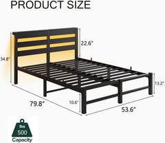 Full Bed Frame with Wooden Headboard, RGB LED Lights, USB Charging Station, Storage Shelf, Metal Bed Frame, No Box Spring Needed (Full -1)