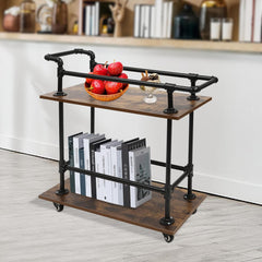 Bar Cart, 2-Tier Brown Black Wine Rack with Storage Shelves, Rolling Beverage Cart with Wheels, Industrial Bar Cart Floor Beer Wine Beverage Serving Cart for Garden, Kitchen, Bedrooms, Living Rooms