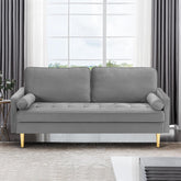 67" Velvet Loveseat Sofa with Gold Metal Legs - Mid-Century Compact 2-Seater Couch with 2 Bolster Pillows | Velvet Upholstered Small Space Sofa for Living Room, Apartment & Bedroom (Grey)