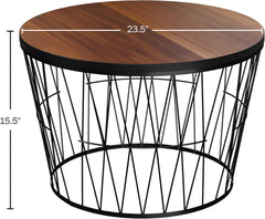Lavish Home Round Coffee Table with Geometric Metal Base - Small Modern Accent Furniture for Living Room - Mid-Century Coffee Table (Brown/Black)