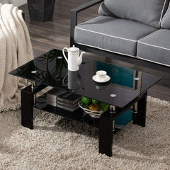 Rectangle Glass Coffee Table, Living Room Rectangle Glass Coffee Table 2-Tier Tea Table Coffee Glass Table with Lower Shelf End Table Modern Glass Side Table Large Storage Space, Black