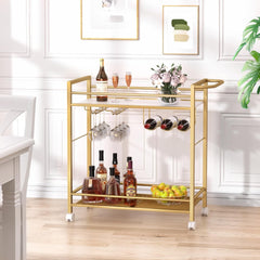 Bar Cart,Home Bar Serving Cart with Storage Shelves, 2 Tier Rolling Beverage Cart with Wheels, Modern Wine Cart with Wine Rack and Glass Holder for Kitchen, Living Room,Dinning Room,Black