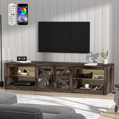 TV Stand for 78 Inch with Sliding Barn Doors, Entertainment Center with Remote Control LED Light,Adjustable Shelves, Mid Century Modern Media TV Console Table for Living Room Bedroom Grey