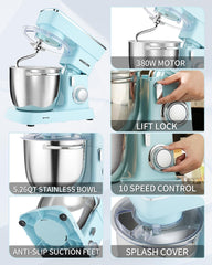 MIGECON Stand Mixer,Electric Food Mixer, Dough Hook, Flat Beater Attachments, Splash Guard 10 Speeds with Whisk, 5.26 QT Blue