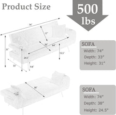 74" Corduroy Futon Sofa Bed, Modern Loveseat Futon Couch with Adjustable Backrest, Convertible Sleeper Sofa with 2 Square Pillows & Cup Holders, Couches for Living Room, Bedroom, Apartment (Pink)