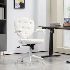 INMOZATA Soft Teddy Work Chair - Swivel Computer Desk Chair with Wheels, Button Tufted Back, Ergonomic Vanity Chairs for Small Spaces, Home Office(White)