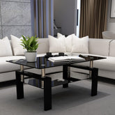 Living Room Coffee Table Rectangle Glass Coffee Table, Modern 2- Tiers Side Center Tables with Black Tempered Glass Top and Sturdy Metal Legs, Tea Tables Living Room Furniture, Black Glass