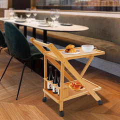 2-Tier Wood Rolling Bar Cart, Serving Carts Mobile Snack & Drink Station Coffee Cart with Wine Rack Utility Cart for Kitchen Mobile Liquor Bar Treat Trolley for Home, Bar, Beauty Shop