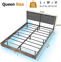 Floating Bed Frame, Full Size Platform Bedframe with Hanging Upholstered Headboard & LED Lights, Industrial Wooden Bed Frames with Metal Slats Support, No Box Spring Needed, Black+Brown (Full)