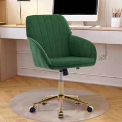 Green Velvet Office Chair with Wheels and Adjustable Height, Ergonomic Swivel Chair with Armrests and Backrest Seat, Modern Upholstered Vanity Chair for Living Room, Bedroom, Office