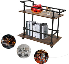 Industrial Bar Cart, Double Deck Food Cart, Floor Standing Bar Cart, Removable Industrial Rolling Cart, Bar Cart for Garden, Patio, Balcony, 33.07" X 33.66" X 15.75", Brown, Black