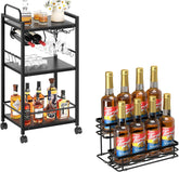 Bar Cart for The Home, 3 Tier Kitchen Carts with Wheels, Small Rolling Cart with Glass Holders, 8 Bottle Coffee Syrup Organizer Rack, 2 Tier Spice Rack Organizer