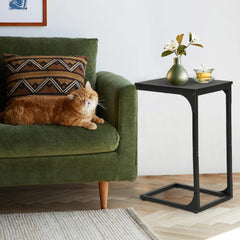 FDW C-Shaped End Table Wooden Top Side Table Adjustable Feet Small Cough Table Bedside End Table with Metal Frame for Bedroom Living Room,Black