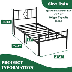 14 Inch Twin Size Bed Frames with Headboard/Footboard, Under Bed Storage, Strong Metal Slats Support, No Box Spring Needed, Noise Free, Easy Assembly, Black