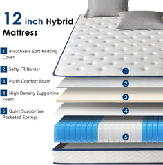 12 Inch White Twin Size Mattress - Hybrid Mattresses in a Box with Individual Pocket Springs, Modern Memory Foam Mattress with Pressure Relief and Breathable Comfort
