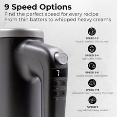 Electric Hand Mixer 9 Speed with Stainless Steel Whisk, Flat Beater & Dough Hook, Snap Storage Case, Compact Lightweight 350 W Powerful handheld mixer for Baking & Cooking, Gray